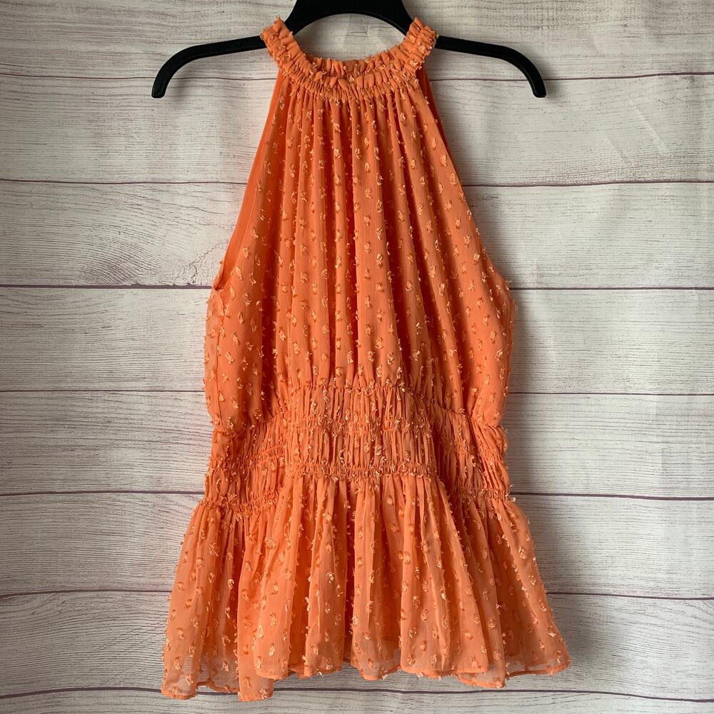 Cato Orange Sleeveless Blouse Tufted Polka Dots High Neck Peplum Size M
